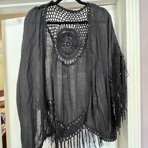 Three Bird Nest Black Crochet Fringe Shrug